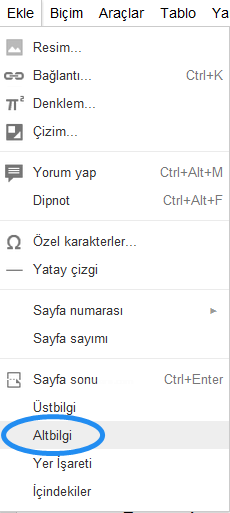 Google Docs Ekle Menüsü